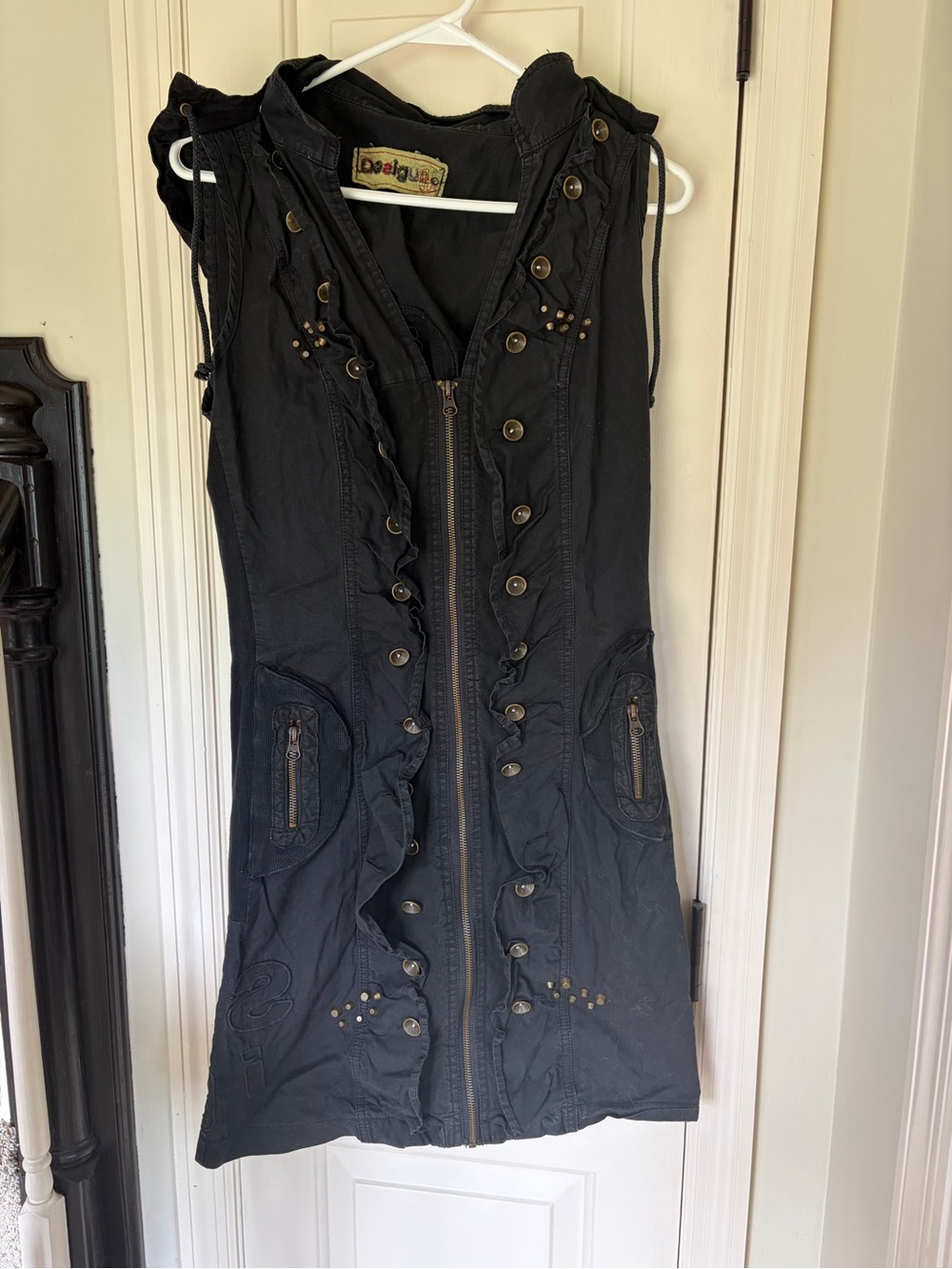 Desigual Black Sleeveless Zip-Front Ruffle Dress with Stud Details